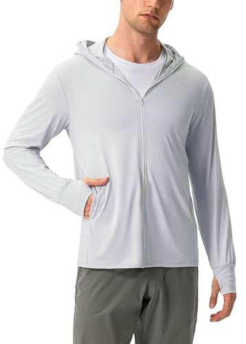 Sukany Men's UPF 50+ Sun Protection Hoodie Lightweight Athletic UV Jacket Running Thin Zip Up Outdoor Hiking Long Sleeve SPF Shirt with Thumb Holes Grey M