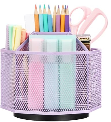 EXERZ Desk Organiser/Mesh Desk Tidy Caddy/Pencil Holder/Multifunctional 360 Rotating - Light Purple