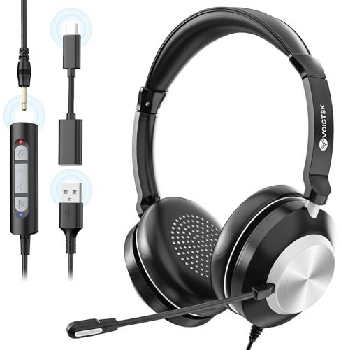 Voistek USB Headset with Microphone for Laptop,PC Headphones with USB/Type-C/3.5mm Jack,Computer Headset with Noise Cancelling Mic,In-Line Volume Control & Mute Button for Call Centres,Home,Office