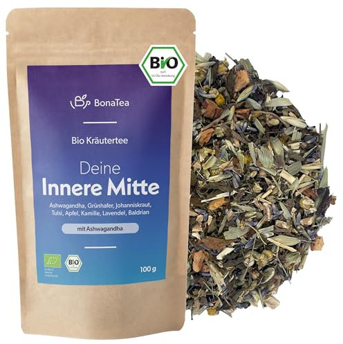 BIO Deine Innere Mitte - Ashwagandha Tee mit Johanniskraut, Baldrian, Tulsi, Lavendel und weiteren Kräutern für deine kleine Pause im Alltag, 100g