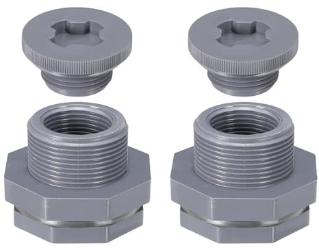 PATIKIL PVC skottmontering med plugg NPT1, 2-pack skott vattentankskontakt med silikontätning packning trädgårdsslang montering med plugg för regnhink, diskhoar, akvarier, grå