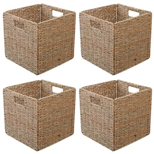 Aolawco Kallax - 4 cesti intrecciati, pieghevoli, in vimini, 28 x 28 x 28 cm, con manici per scaffali, dispense, bagni, soggiorno