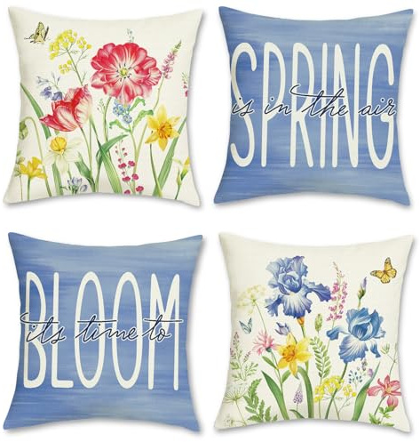 Bonhause Spring Floral Cushion Covers 45 x 45 cm Flowers Butterflies Purple Polyester Linen Decorative Throw Pillow Covers for Sofa Bed Home Garden Outdoor Decor Set of 4