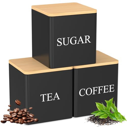 VAVPUP Lot de 3 boîtes de rangement de cuisine - 500 ml - Avec couvercles en bambou - capacité - Pour café, thé, sucre - Noir