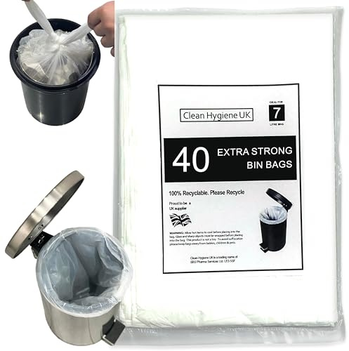 7L Bin Bags Extra Strong 40 Count Small Waste Bin Liners 7 Liter Trash Bags For Toilet Bedroom Bathroom Hotels Garbage Food Waste Dog Poop Pedal Bin White Refuse Sacks For Rubbish 7 Litre 40 Count