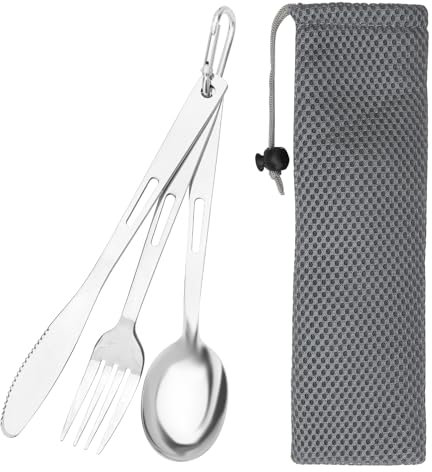 DAWRIS 3 Stück Tragbare Reisebesteck, Campingbesteck Utensils, Edelstahl Camping Besteckset, Outdoor Picknick Besteck Set für Unterwegs Wanderbesteck Abenteuer mit karabiner,Löffel Gabel Messer Kombi