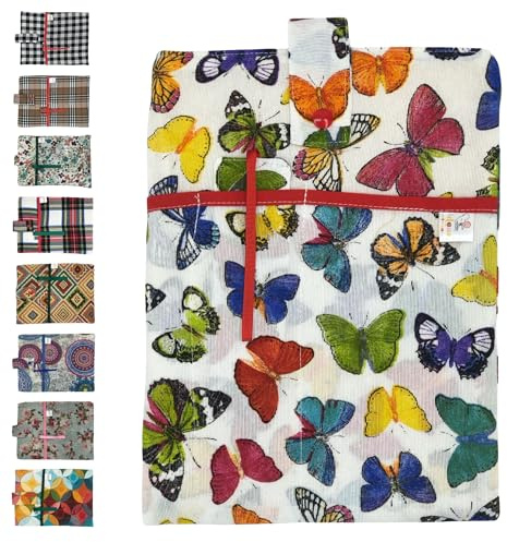 Funda Tablet 11” – Funda Libro Lectura – Funda Acolchada con Bolsillos – Bolsa Tablet con Cierre de Botón – Protector para iPad,Kindle,Libros,Cuadernos – Hecho a Mano Diseño Artesanal(Mariposas)