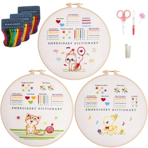 Ryebme Kit di Avvio Ricamo, 3 Pezzi Ricamo Principiante con 1 Cornici di Emboidery Starter per Adulti Principiante con Animali Modelli e Istruzioni, Aghi di Fili di Colore