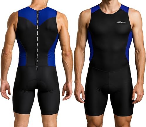 Wixen Men's Performance Triathlon Suit Sleeveless Tri Suit Padded Quick Dry Run Swim (Blue s)