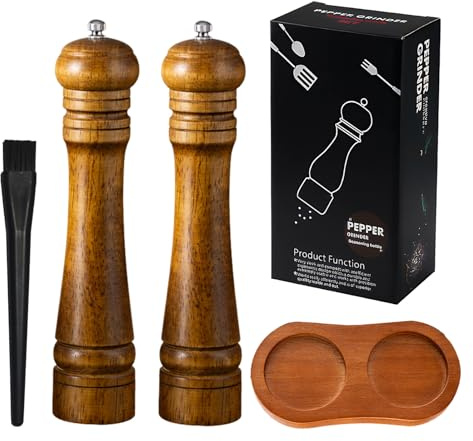 Arvoni 2 Piezas Molinillo Pimienta, Molinillo de Pimienta Manual de Madera, Molinillo Sal con Base y Cepillo de Limpieza, Molinillo Especias de Cerámica Ajustable, para Pimienta Sal Especias