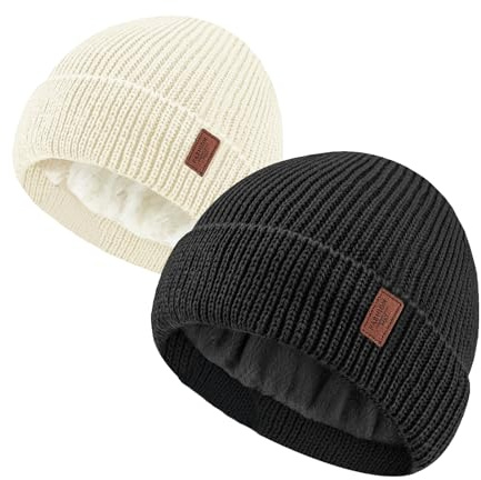 JFAN Gorro Hombres y Mujeres Invierno Gorro Docker de Punto Forro Polar Slouch Beanie de Lana Gorro de Invierno con Tapa de Calavera Enrollable Unisex,Negro+Blanco