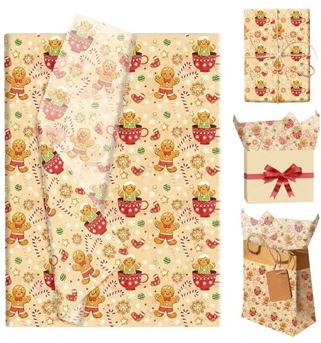 LaVenty papel decorativo navideño con motivos de hombrecito de jengibre, bastones de caramelo, árbol de navidad y papá noel para envolver regalos papel decorativo para manualidades diy y fiestas