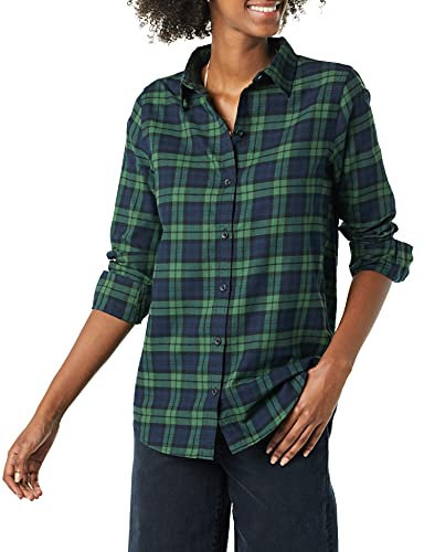 Amazon Essentials Damen Regular-Fit Leichtes Kariertes Langarm-Flanellhemd, Dunkelgrün Marineblau Mittlere Karo, M