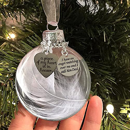 Clear Christmas Memorial Ornament Feather Ball, A Piece of My Heart is in Heaven, Christmas Tree Memorial Hanging Pendant Gift for Mom, Dad, Son 2.4''/60 mm