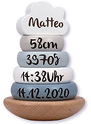 KIDSLINO Torre apilable azul – personalizable I regalo de nacimiento y bautizo hecho a mano bebé juguete de madera regalos personalizados etiqueta etiqueta juego apilable con nombre fecha de