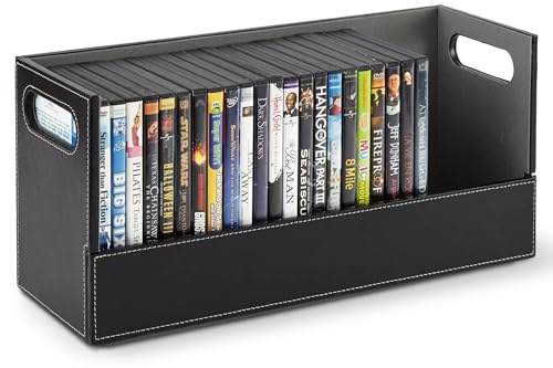 Stock Your Home Boîte de rangement DVD, étagère de cinéma pour Blu-Ray, boîtiers de jeux vidéo, CD, VHS, support de disque pouvant stocker jusqu'à 28 DVD, cuir synthétique (noir)