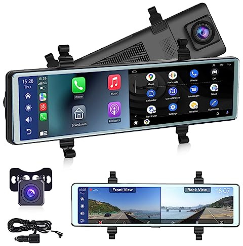 Espejo Retrovisor Coche Dash CAM Carplay Android Auto, Bluetooth, 11.26 Pulgadas Pantalla Táctil IPS Espejo Retrovisor DVR, Cámaras Visión Frontal y Trasera Visión Nocturna WDR, Espejo Dash Cameras