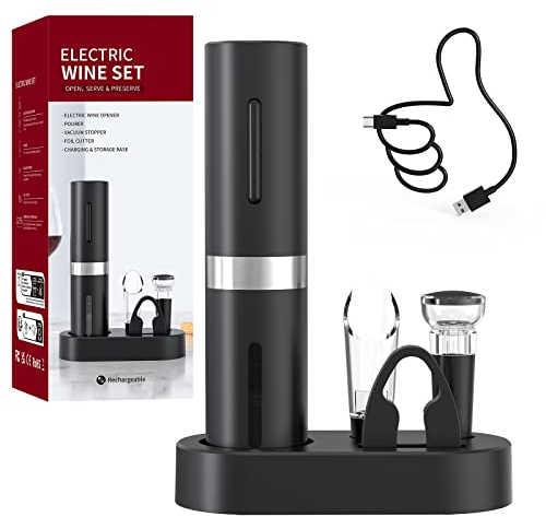 CIRCLE JOY Cavatappi Elettrico per Vino, Set Regalo Apribottiglie Ricaricabile 5 In 1 Con Base di Ricarica, Tagliacapsule, Versatore per Vino E Tappo per Vino a Vuoto