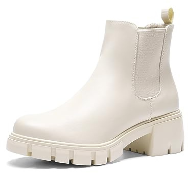DREAM PAIRS Stivaletti da donna elasticizzati Chelsea con plateau e tacco a blocco basso con suola a blocco, senza lacci, SDAB2316W, Beige, 39.5 EU