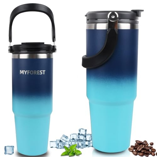 MYFOREST Vaso aislado de 900 ml, taza de café para llevar con pajilla, vacío de acero inoxidable de doble pared con asa superior, tapa 2 en 1 a prueba de fugas para té frío carbonatado/caliente, apto