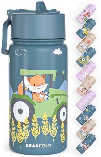 BEARFOOT Trinkflasche Kinder Edelstahl mit Strohhalm - Thermosflasche 400ml - BPA frei - auslaufsicher - Kleinkinder, Mädchen & Jungen Wasserflasche für Schule, Kindergarten (Blau - Traktor Fuchs)