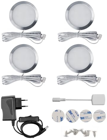 BRTech 4 Stück Unterbauleuchte Küche LED mit Kabel, 6000K Weiß Rund Schrankbeleuchtung Durchmesser 59.36 mm, Vitrinenbeleuchtung LED für Küche, Schränke, Kleiderschrank, Treppe, Flur, Schlafzimmer