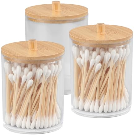 TEKONDA 3 Stück Wattestäbchen Behälter Wattestäbchenbox mit Bambusüberzug Transparente Wattestäbchen Spender Tampon Aufbewahrung Wattepadspender für Schminktisch Bad Wohnzimmer