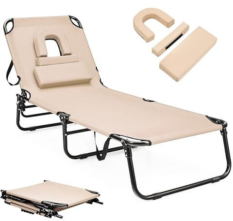 KOMFOTTEU Tumbona Plegable con 3 Reposacabezas Extraíbles y Agujero, Silla Reclinable de Playa con Respaldo Ajustable en 5 Posiciones, Tumbona Portátil para Piscina, 63 x 194 x 37 cm (Beige)