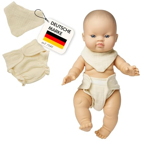 Heless 4201 - Puppenkleidung aus Musselin, 100% Bio-Baumwolle, 2-teiliges Set mit Stoffwindel und Lätzchen in Ecru für Puppen und Kuscheltiere der Größe 28-35 cm