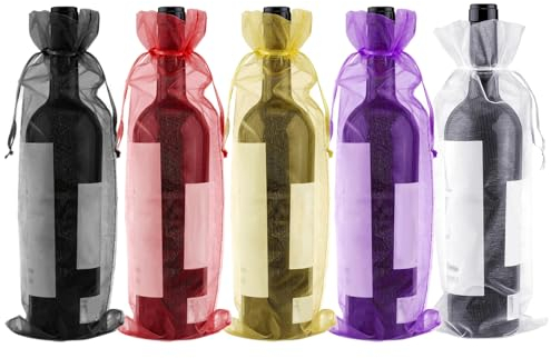 SYEYCW 20 Stück Wein Beutel Organza, Bunte Organza Weinbeutel, 37 × 14 cm Transparente Wein-Geschenkbeutel Mit Kordelzug, für Wein, Champagner, Hochzeit, Weinprobe, Weihnachten, Party, 5 Farben