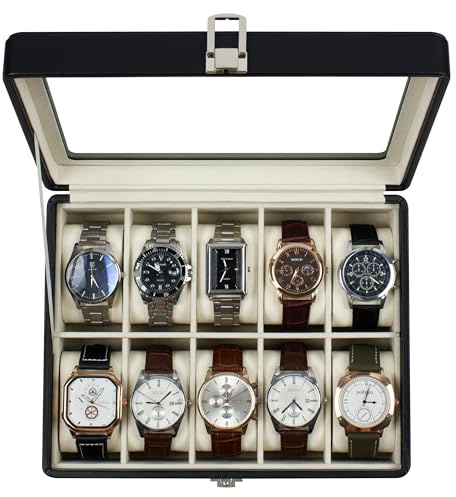 KILHS Watch Box with 10 Slots,Watch Storage Box with Glass Lid,Watch Case with Removable Watch Pillows,Metal Clasp,Gift Idea, Black Synthetic Leather,Beige Lining