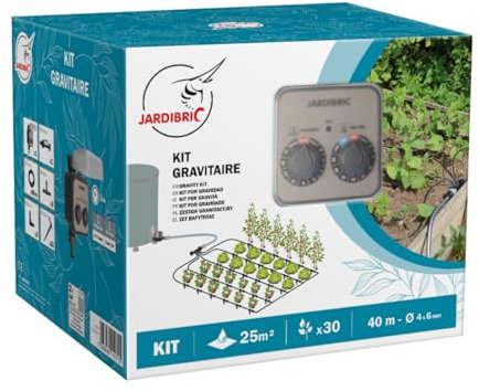 Jardibric - Kit Goutte à Goutte 25m² avec Programmateur - 40m de Micro Tuyau Ø6mm, 30 Goutteurs Réglables, 5 Sorties, Coudes et Tès Ø6mm - Irrigation Autonome Sans Pression.