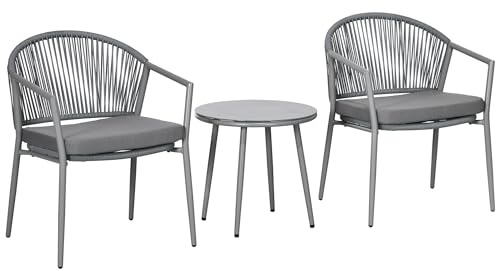 Outsunny Conjunto de Jardín Exterior de 3 Piezas Juego de 2 Sillas y Mesa de Ratán con Cojines Acolchados y Encimera de Vidrio para Balcón Terraza Gris