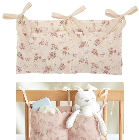 XYTAHDM Aufbewahrungstasche für Wiege, Organizer für Babybett, mit 2 Taschen, Aufbewahrungstasche zum Aufhängen, Organizer für Windelkorb aus Baumwolle (Blumen)