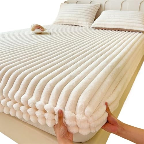 Juego de funda de edredón de terciopelo de felpa ultrasuave tamaño Queen King, ropa de cama acogedora para invierno, protector de colchón grueso, sábana de felpa hipoalergénica, color beige y blanco,