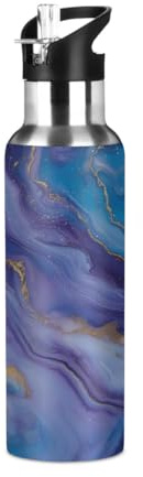 Woltant Purple Blue Marble Patterned Vacuum Insulated Stainless Steel Water Bottle 600 ml Sports Water Bottle With Straw Leak-Proof for Work Travel Gym
