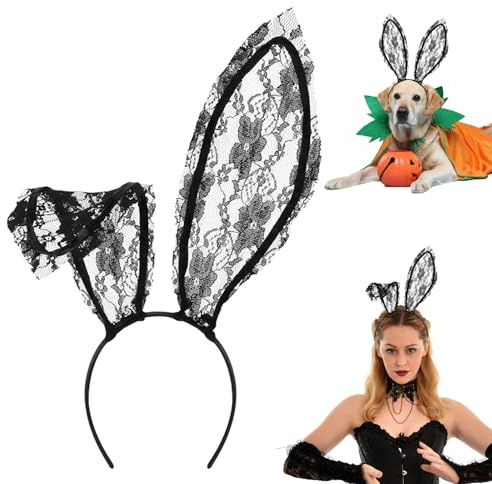 QIZHIQIAMY Orejas Conejo Halloween Bunny Ears Negro Encaje/Blanco Peluche Diadema Conejo, Adulto Halloween Accesorios de Disfraz, Cosplay (Negro)