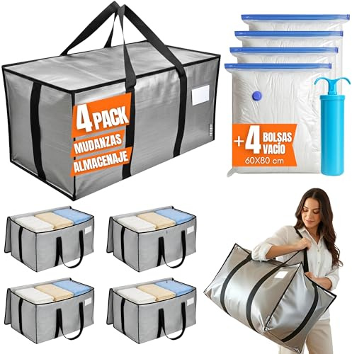 4 Bolsas Mudanza Y Almacenaje Ropa XXL + 4 Bolsas Vacio Ropa Grandes con Bomba de Vacio, Alternativa a las Cajas Mudanza Grandes, Set Completo para Almacenamiento Hogar 100% Impermeable y Resistente
