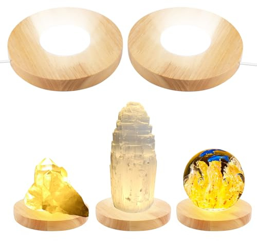 luolety Base de luz LED de madera, paquete de 2 bases redondas de madera, para cristal 3D, arte de piedra aromática, con 3 modos de luz, blanco cálido, neutro, cable USB (15 cm)