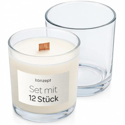 KONZEPT Lot de 12 petits bocaux en verre pour bougies - 180 ml - 8 × 7 cm - Idéal pour bougies chauffe-plat, décoration et bougies DIY
