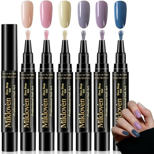 6-Color 3-in-1 Gel Nail Polish Pen Set — UV Lamp Required, Muted Nude to Pastel Tones Nail Art Pens, No Base Coat Needed, Long-Lasting Glossy Finish, Twist Design, Rich Pigment for DIY Manicure
