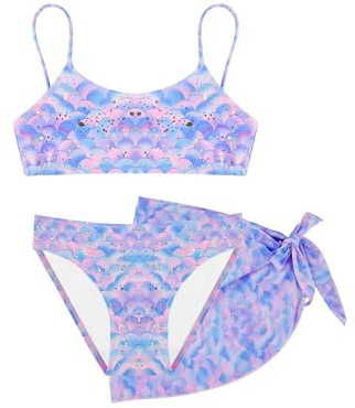 Girls 3 Piece Bikini Swimsuit Set with Sarong Skirt, Two Piece Swimwear with Adjustable Straps, Beach & Pool Swim Set for Girls 4–12 Years