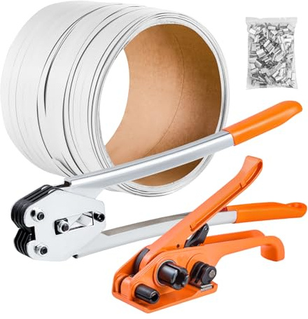 VEVOR Set di Reggiatura per Reggia in Plastica con Tenditore e Sigillatrice, Rotolo di Reggia da 100 m, Kit di Reggiatrici Manuali con 100 Sigilli Metallici, per Imballaggio, Magazzino e Trasporto