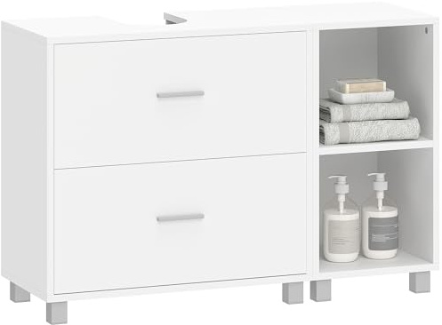 HOMCOM Mobile Sottolavabo per Bagno con 2 Cassetti, Ripiani Aperti, Mobiletto Sottolavabo con Intaglio a U, Mobile Bagno Moderno e Salvaspazio, Adatto a Lavabi con o senza Colonna, 90x30x60 cm, Bianco