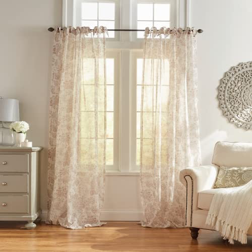 Elrene Home Fashions Floral Cottagecore Tie-Top Sheer Window Curtain Panel, Poly-Linen Blend, Flax, 52 W x 84 L (Pack of 1)