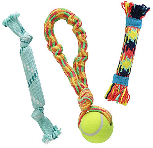 rocket & rex Hunde-Kauspielzeug-Set für kleine bis mittelgroße Rassen, enthält ein Seil, Gummi-Quietscher und Plüschspielzeug mit Ball, reduziert zerstörerisches Kauen & Angst (3 Stück)