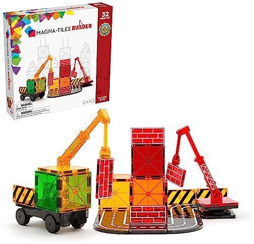 Magna-Tiles Builder 32‑teiliges Magnetbaukasten mit Straßenplatten, Kran und Fahrzeug, ab 3 Jahren, STEAM-Spielzeug zum kreativen Bauen, kompatibel Sets