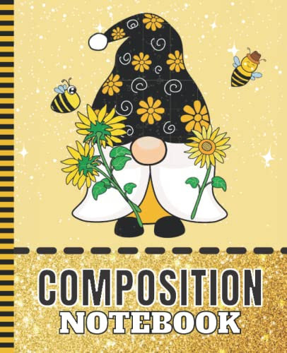 Composition Notebook: 7.5 x 9.25 inch / 200 Pages (100 sheets) / Wide Ruled Paper For Writing - Homework - Notes - Doodles - Homeschool / Back to ... Garden Gnome on Yellow Gold Faux Glitter Art