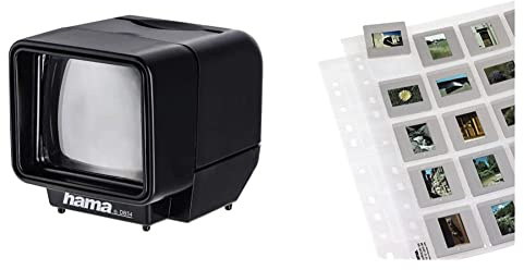 Hama Visionneuse LED, grossissement Triple & Pochettes pour 20 diapos/négatifs (encadrées de Format 5x5 cm, 25 pièces, pour classeur de négatifs à pellicule Photo et Diapositives, 20 Feuilles) Noir