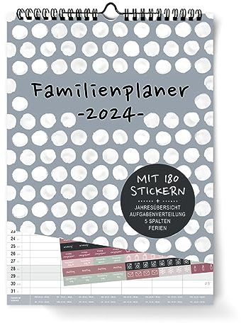 Calendario da parete 2024, 6 colonne, formato DIN A3, da appendere in cucina, calendario familiare e adesivi, date delle vacanze, panoramica dell'anno, pagina extra per la pianificazione delle vacanze